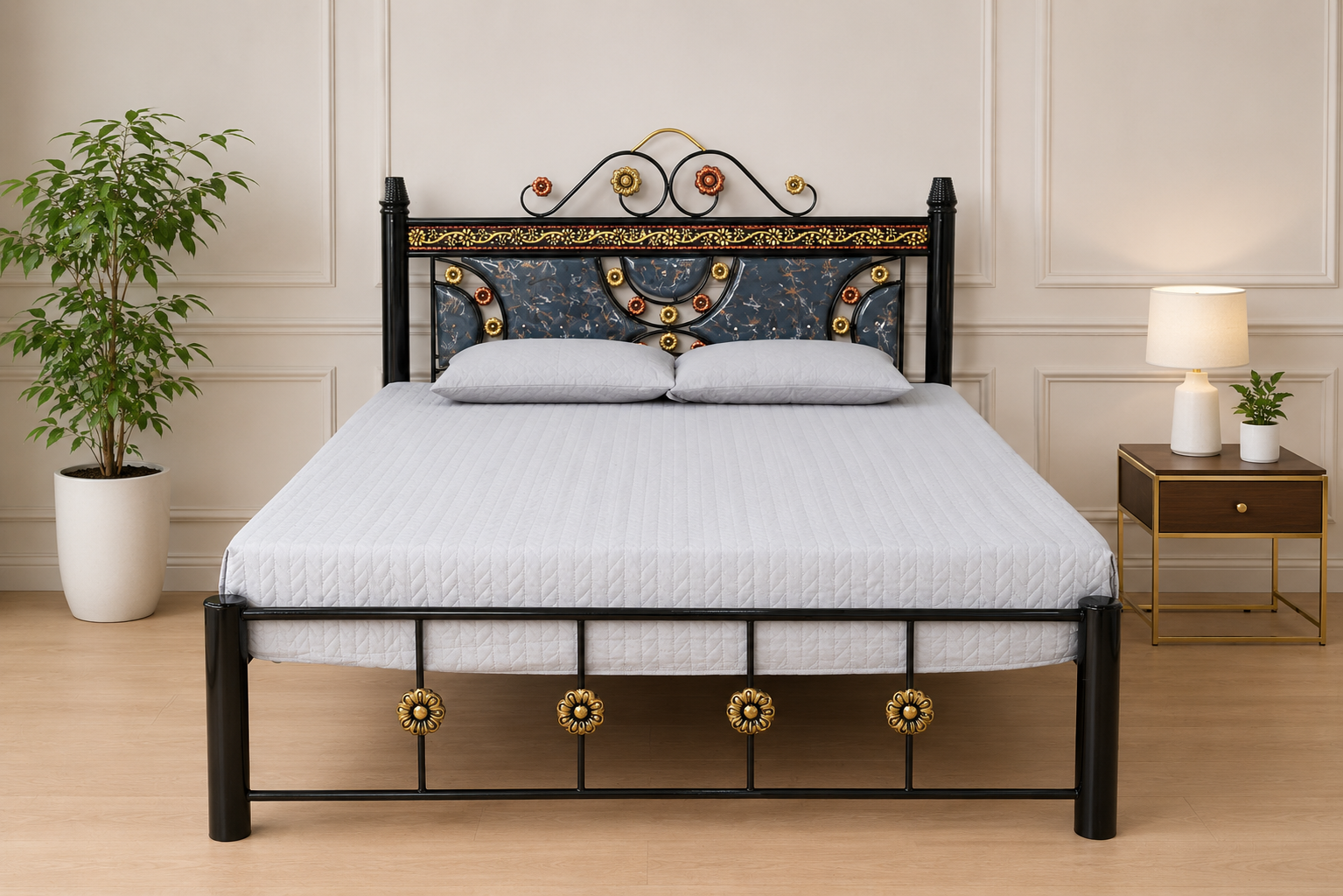 The Dark Marble & Gold Floral Black Iron Bed Frame | Premium Modern Bed