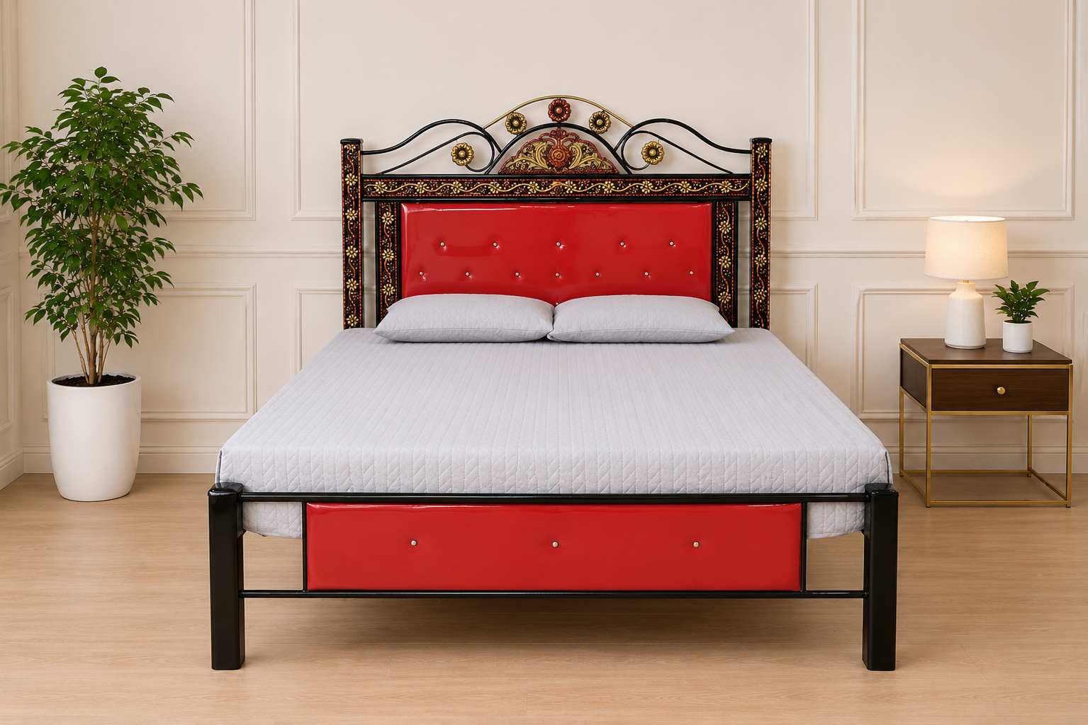 The Vibrant Red & Carved Gold Floral Iron Bed Frame | Premium Modern Bed