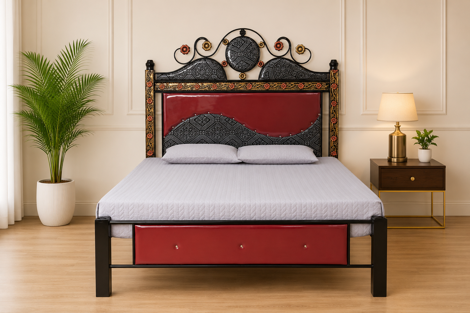 The Red Wave & Dark Patterned Iron Bed Frame with Carved Gold Border