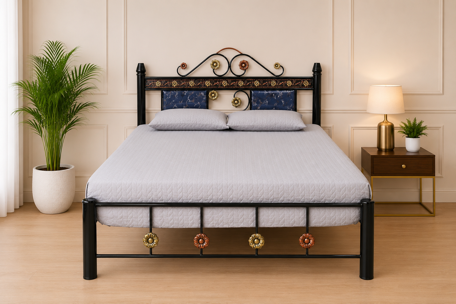 The Blue Marble & Floral Black Iron Bed Frame