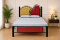 The Dual Heart & Arch Red and Gold Tufted Iron Bed Frame