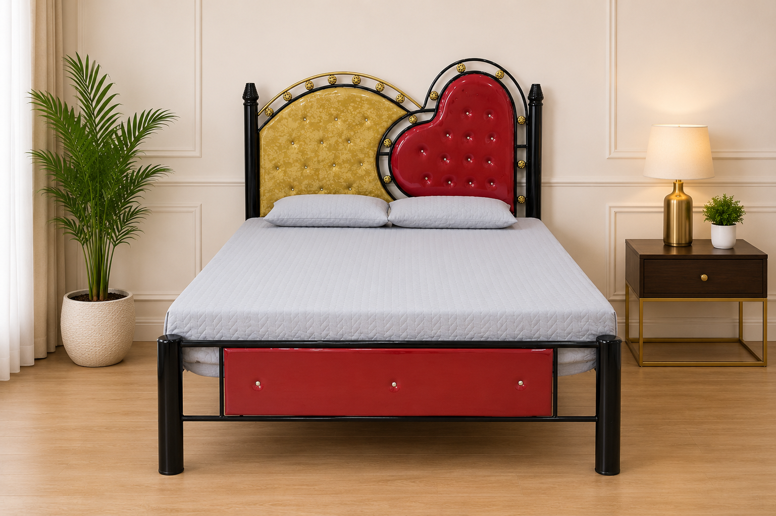 The Dual Heart & Arch Red and Gold Tufted Iron Bed Frame
