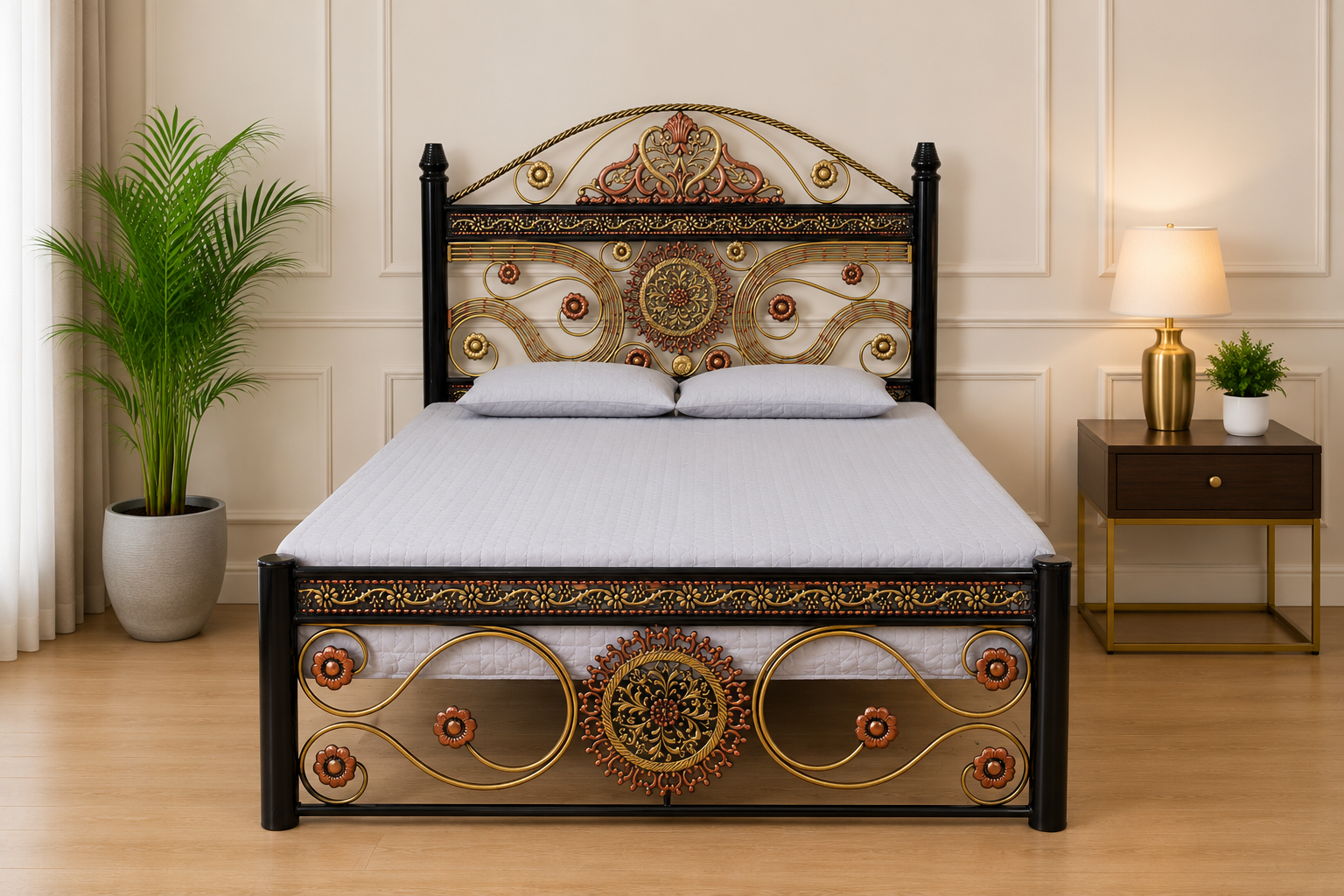 Handcrafted Floral Metal Bed Frame with Antique Gold Details