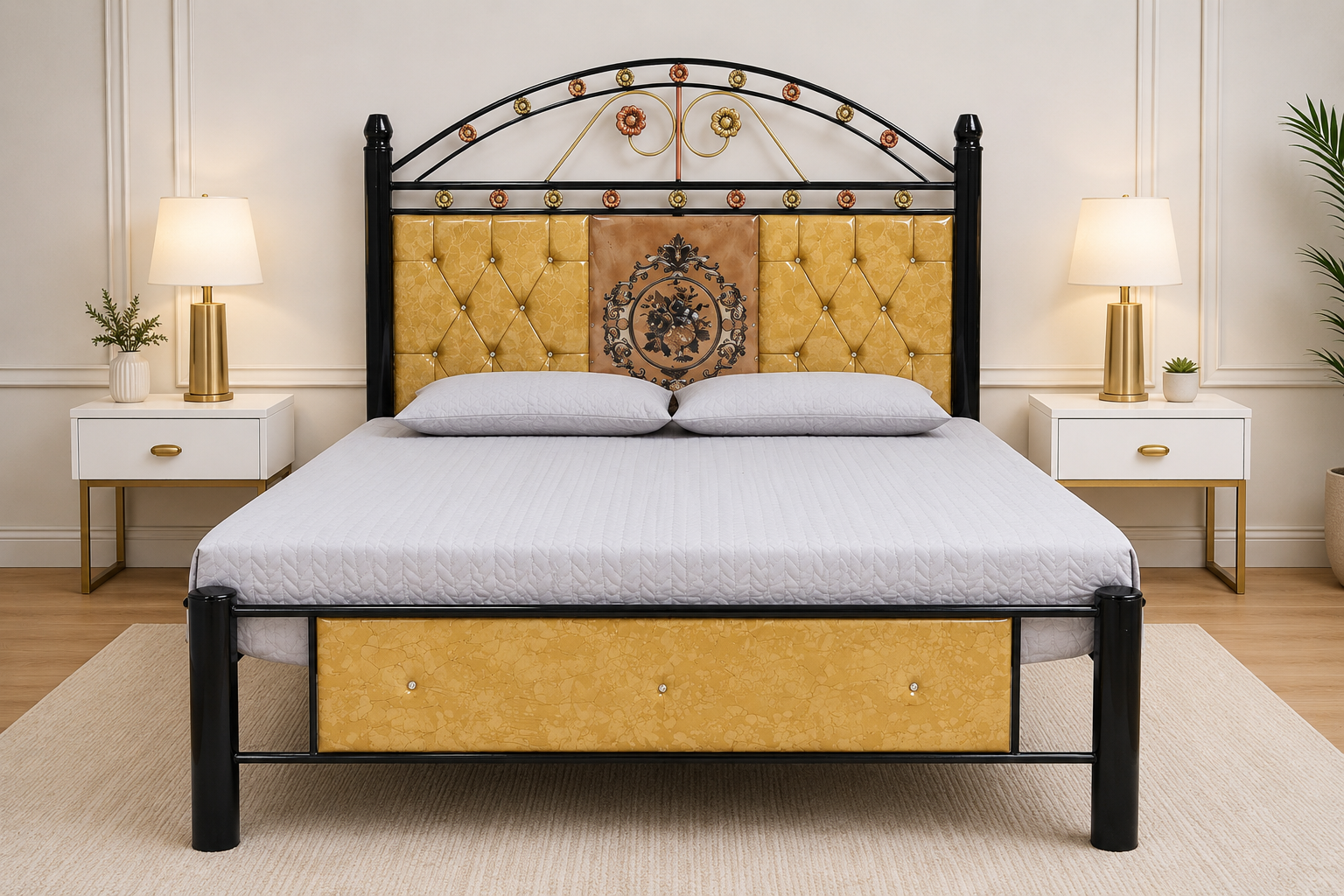 The Golden Yellow Tufted Black Metal Bed Frame with Floral Accents