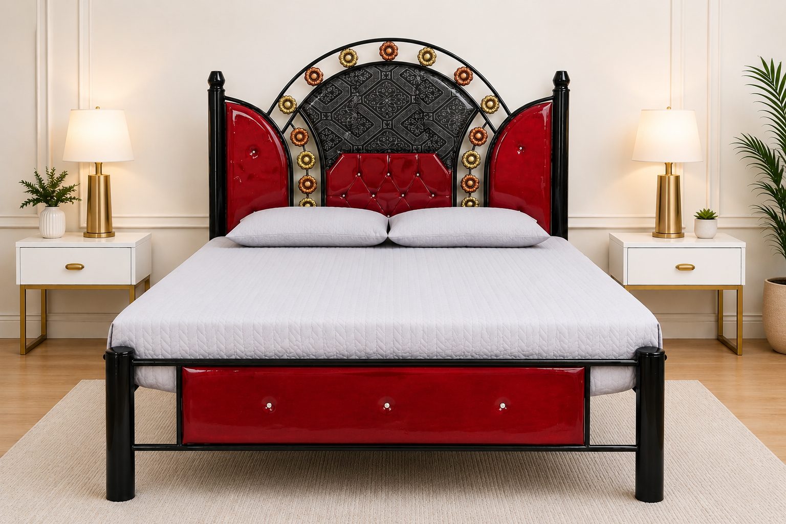 The Royal Red & Black Metal Bed Frame with Patterned Center Arch