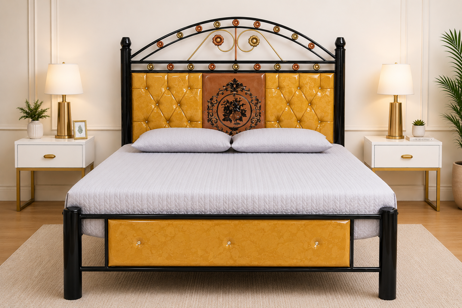 The Gold Marble Tufted Black Metal Bed Frame with Medallion Headboard